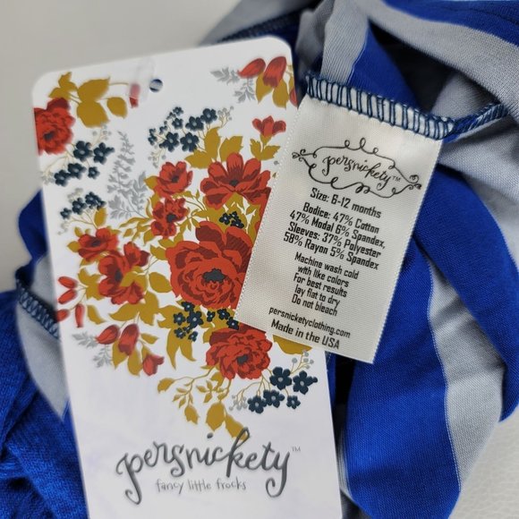 Persnickety NWT blue gray striped ruffle bell long sleeve shirt size 6-12 months - Picture 2 of 4